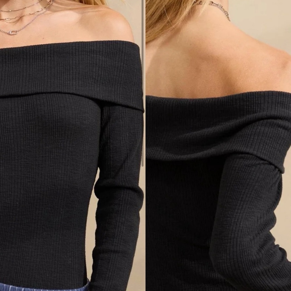Aerie Black Ribbed Off-Shoulder Bodysuit